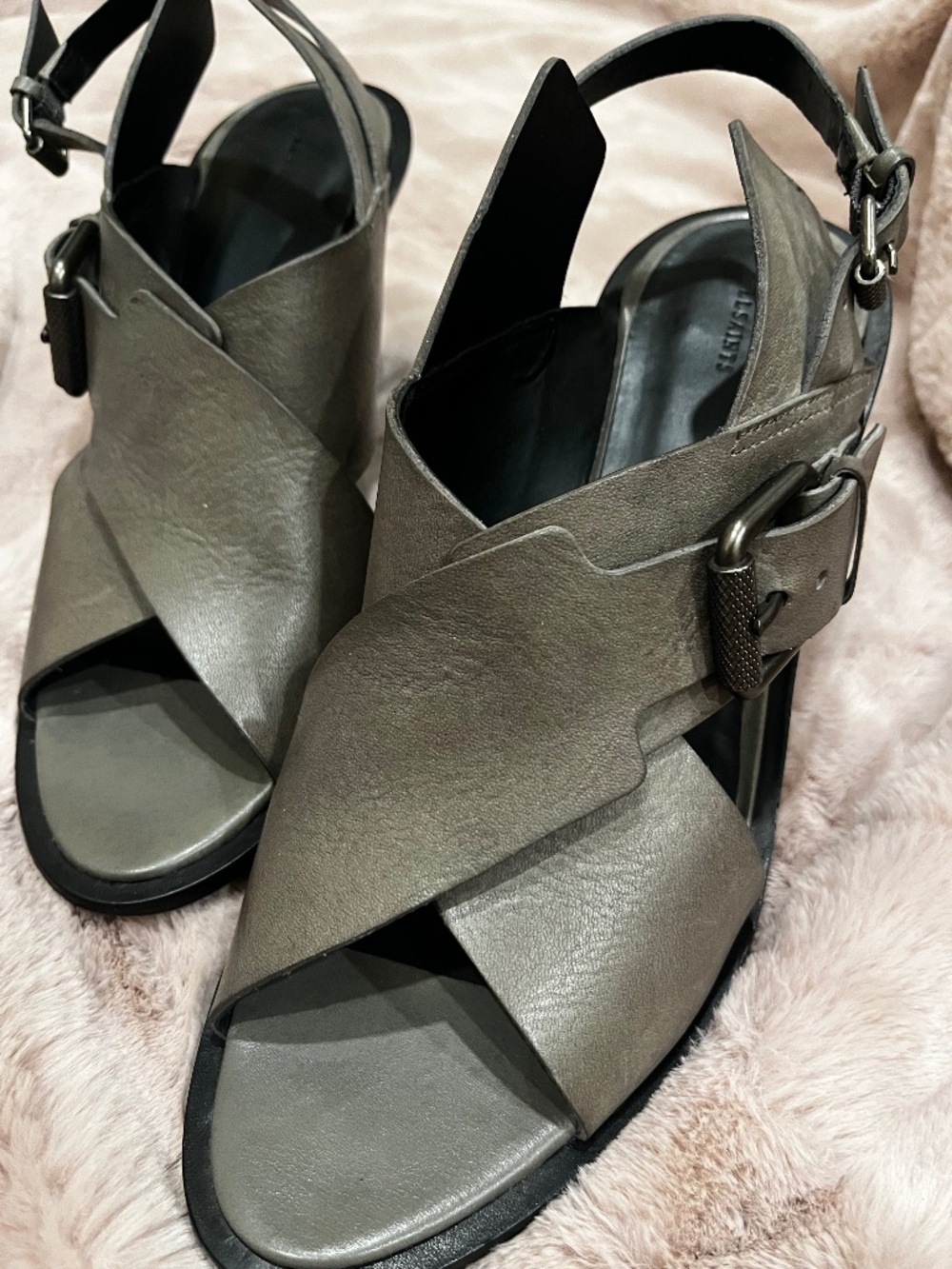All Saints Grey Leather wedge sandals